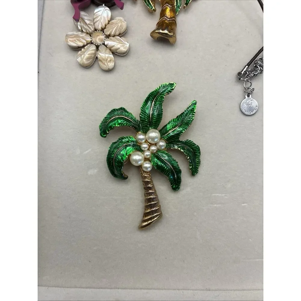 VTG Goldtone Palm Tree Green Enamel Faux Pearls Pin, bikini top, Sara Coventry